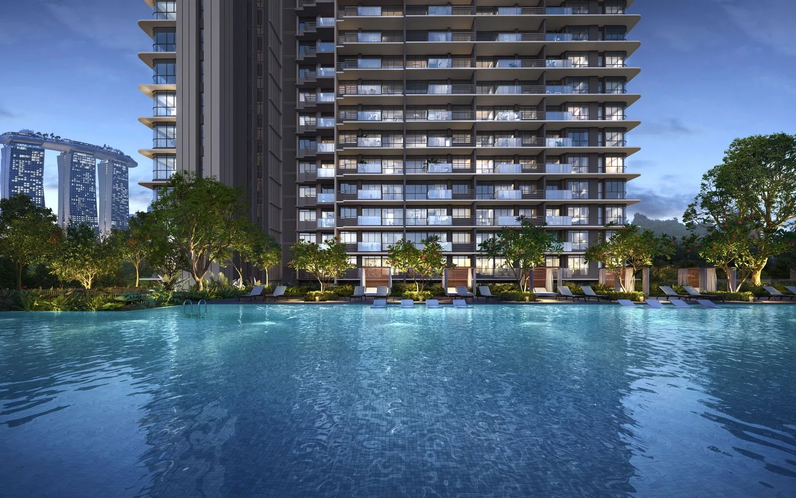 One Marina Gardens, artist&rsquo;s impression: the pool deck at night, the water lit blue in front of the tower, with Marina Bay Sands beyond the trees