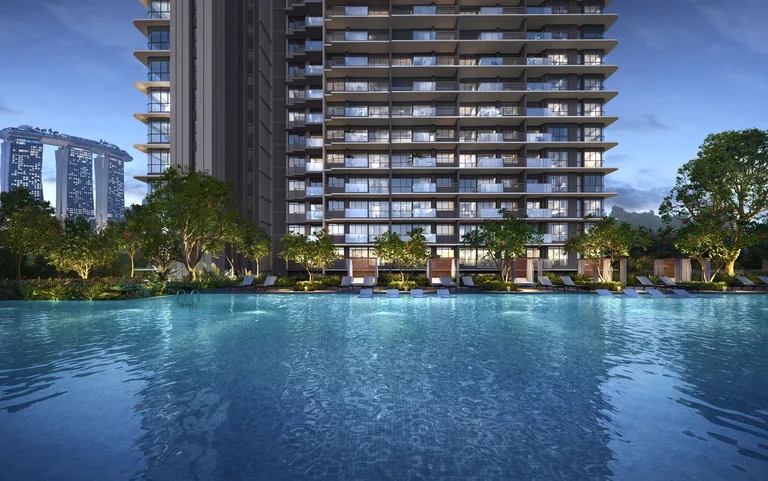 One Marina Gardens, artist&rsquo;s impression: the pool deck at night, the water lit blue in front of the tower, with Marina Bay Sands beyond the trees
