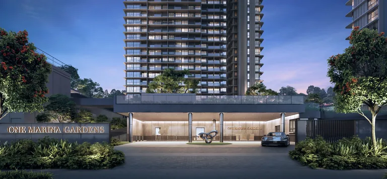 One Marina Gardens, artist&rsquo;s impression: the arrival court at dusk, a lit drop-off porch beneath the tower with the One Marina Gardens sign wall among the planting