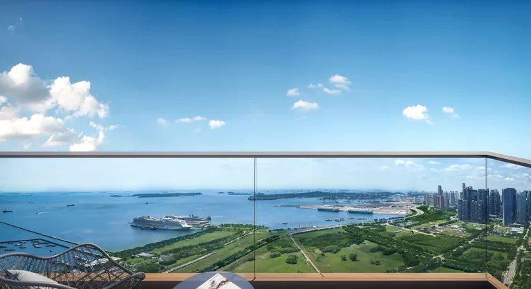 One Marina Gardens, artist&rsquo;s impression: the view from a high balcony across the green of Marina South to the sea, a cruise ship at the terminal and the city on the right
