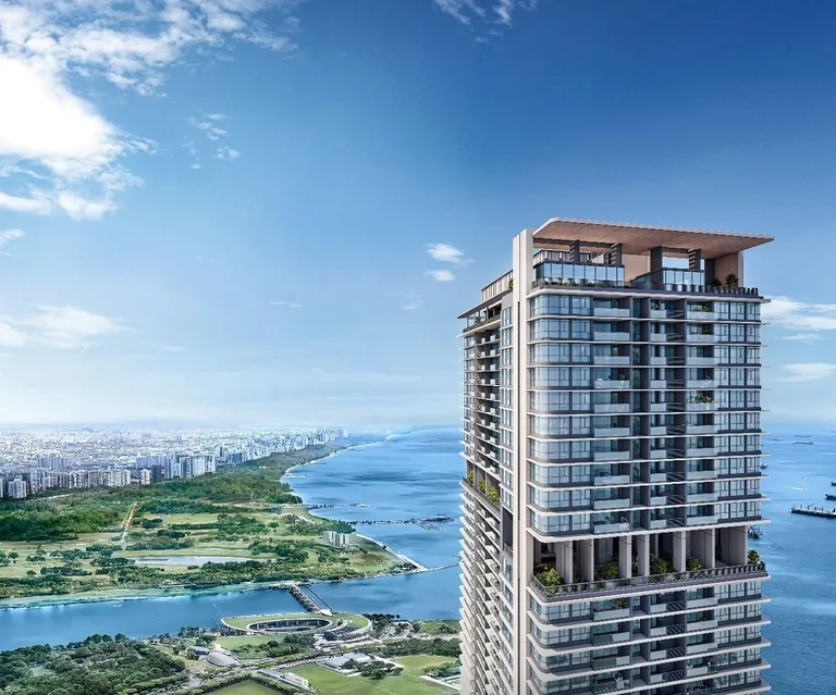 One Marina Gardens, artist&rsquo;s impression: the crown of the 44-storey tower with its roof-top sky garden, above the green of Marina South and the sea