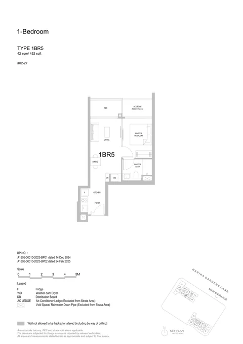 One Marina Gardens floor plan, Type 1BR5 (1-Bedroom): 1 bedroom, 42 sq m (452 sq ft), 1 home in Block 5, #02-27 (developer drawing with key plan)