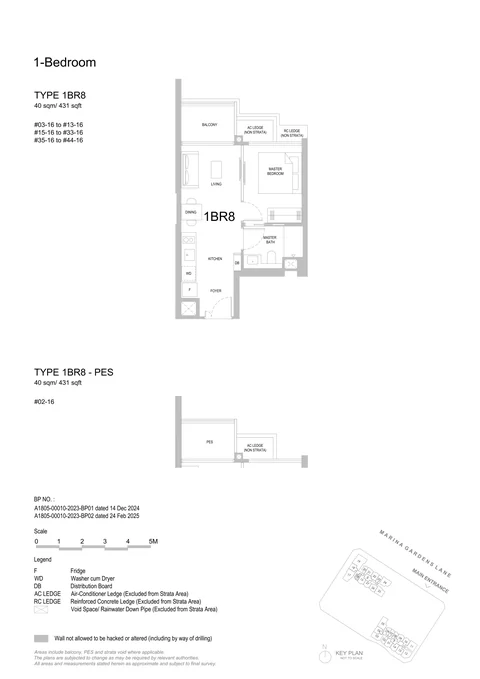 One Marina Gardens floor plan, Type 1BR8 (1-Bedroom): 1 bedroom, 40 sq m (431 sq ft), 41 homes in Block 5, stack 16, 2nd to 44th storey (PES on the 2nd) (developer drawing with key plan)