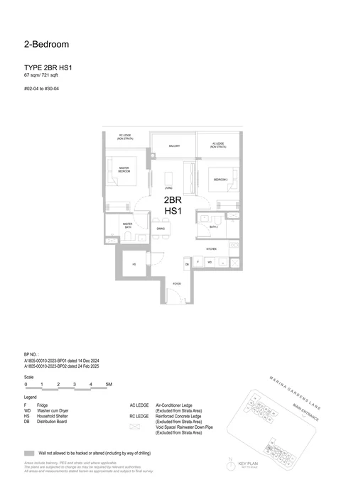 One Marina Gardens floor plan, Type 2BR HS1 (2-Bedroom HS): 2 bedrooms (HS), 67 sq m (721 sq ft), 29 homes in Block 3, stack 04, 2nd to 30th storey (developer drawing with key plan)