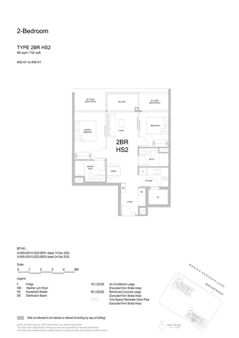 One Marina Gardens floor plan, Type 2BR HS2 (2-Bedroom HS): 2 bedrooms (HS), 68 sq m (732 sq ft), 29 homes in Block 3, stack 01, 2nd to 30th storey (developer drawing with key plan)