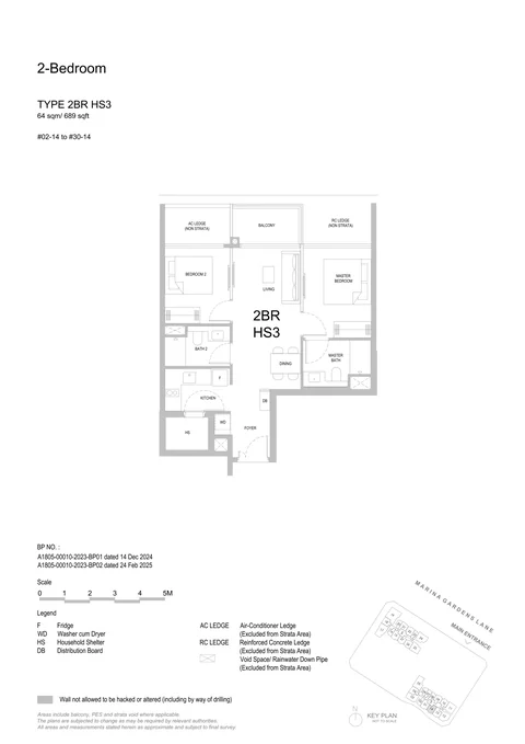 One Marina Gardens floor plan, Type 2BR HS3 (2-Bedroom HS): 2 bedrooms (HS), 64 sq m (689 sq ft), 29 homes in Block 3, stack 14, 2nd to 30th storey (developer drawing with key plan)