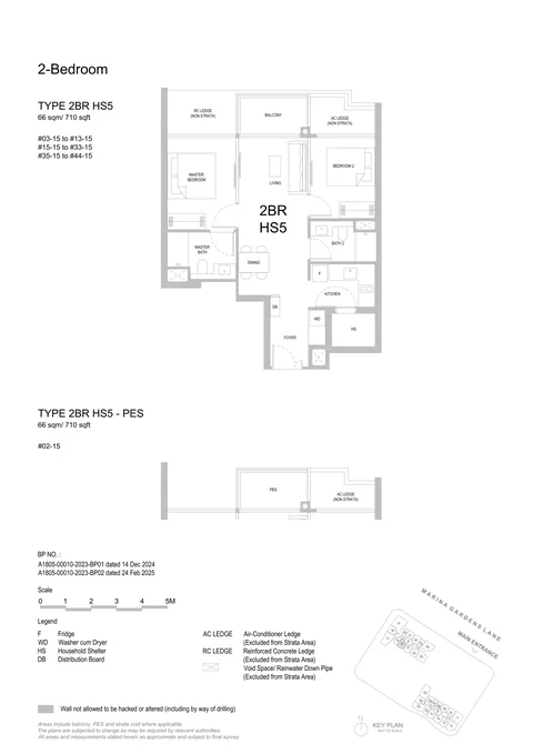 One Marina Gardens floor plan, Type 2BR HS5 (2-Bedroom HS): 2 bedrooms (HS), 66 sq m (710 sq ft), 41 homes in Block 5, stack 15, 2nd to 44th storey (PES on the 2nd) (developer drawing with key plan)