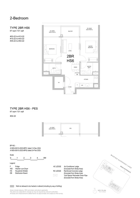 One Marina Gardens floor plan, Type 2BR HS6 (2-Bedroom HS): 2 bedrooms (HS), 67 sq m (721 sq ft), 41 homes in Block 5, stack 22, 2nd to 44th storey (PES on the 2nd) (developer drawing with key plan)