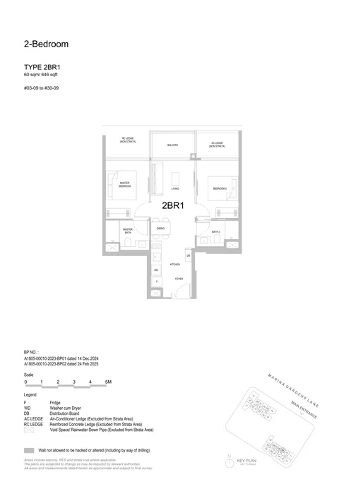 One Marina Gardens floor plan, Type 2BR1 (2-Bedroom): 2 bedrooms, 60 sq m (646 sq ft), 28 homes in Block 3, stack 09, 3rd to 30th storey (developer drawing with key plan)