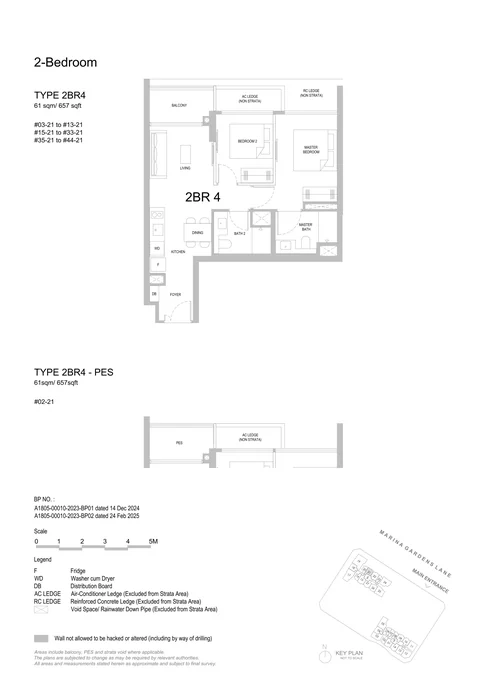 One Marina Gardens floor plan, Type 2BR4 (2-Bedroom): 2 bedrooms, 61 sq m (657 sq ft), 41 homes in Block 5, stack 21, 2nd to 44th storey (PES on the 2nd) (developer drawing with key plan)