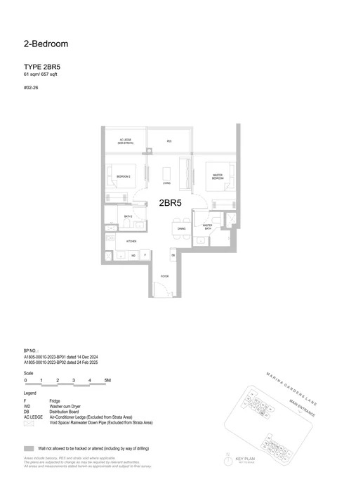One Marina Gardens floor plan, Type 2BR5 (2-Bedroom): 2 bedrooms, 61 sq m (657 sq ft), 1 home in Block 5, #02-26 (developer drawing with key plan)