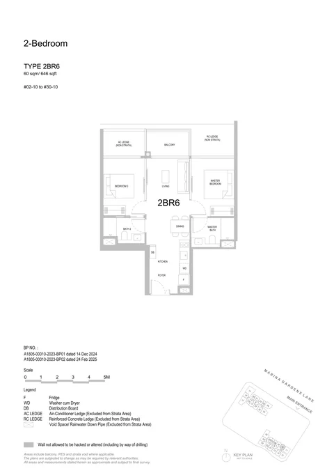 One Marina Gardens floor plan, Type 2BR6 (2-Bedroom): 2 bedrooms, 60 sq m (646 sq ft), 29 homes in Block 3, stack 10, 2nd to 30th storey (developer drawing with key plan)