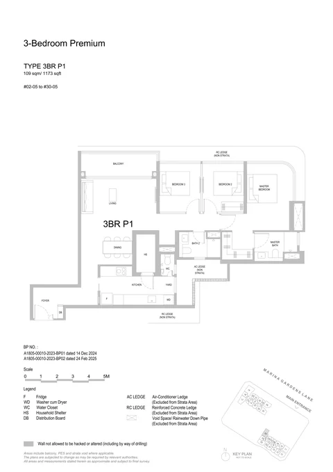 One Marina Gardens floor plan, Type 3BR P1 (3-Bedroom Premium): 3 bedrooms premium, 109 sq m (1,173 sq ft), 29 homes in Block 3, stack 05, 2nd to 30th storey (developer drawing with key plan)