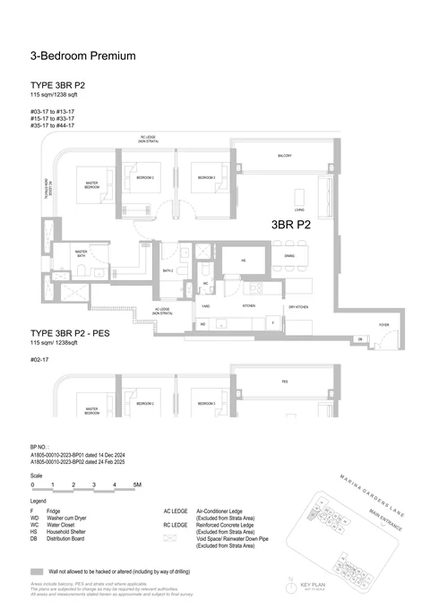 One Marina Gardens floor plan, Type 3BR P2 (3-Bedroom Premium): 3 bedrooms premium, 115 sq m (1,238 sq ft), 41 homes in Block 5, stack 17, 2nd to 44th storey (PES on the 2nd) (developer drawing with key plan)
