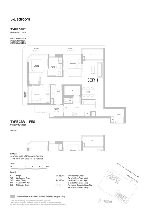 One Marina Gardens floor plan, Type 3BR1 (3-Bedroom): 3 bedrooms, 94 sq m (1,012 sq ft), 41 homes in Block 5, stack 25, 2nd to 44th storey (PES on the 2nd) (developer drawing with key plan)