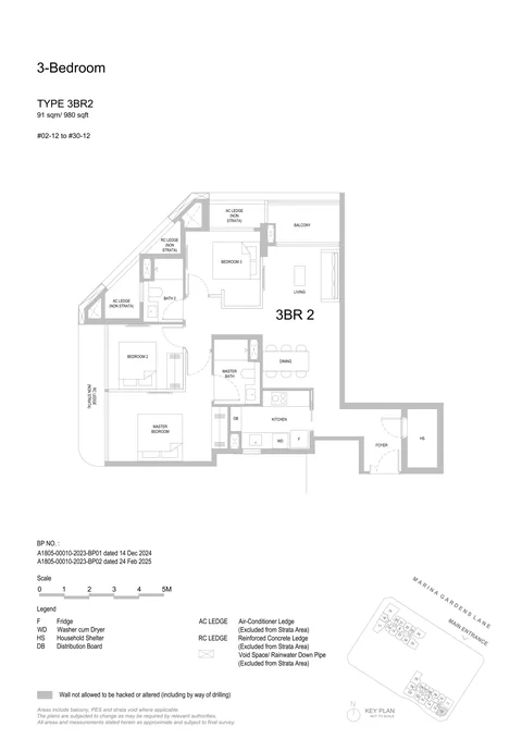 One Marina Gardens floor plan, Type 3BR2 (3-Bedroom): 3 bedrooms, 91 sq m (980 sq ft), 29 homes in Block 3, stack 12, 2nd to 30th storey (developer drawing with key plan)