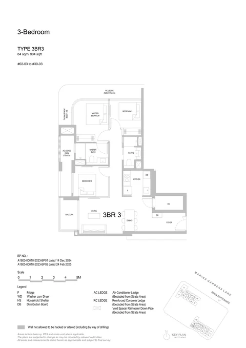 One Marina Gardens floor plan, Type 3BR3 (3-Bedroom): 3 bedrooms, 84 sq m (904 sq ft), 29 homes in Block 3, stack 03, 2nd to 30th storey (developer drawing with key plan)