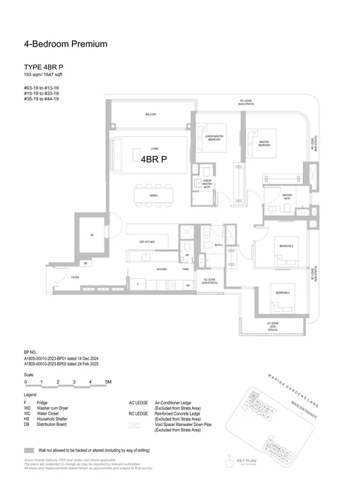 One Marina Gardens floor plan, Type 4BR P (4-Bedroom Premium): 4 bedrooms premium, 153 sq m (1,647 sq ft), 40 homes in Block 5, stack 19, 3rd to 44th storey (developer drawing with key plan)