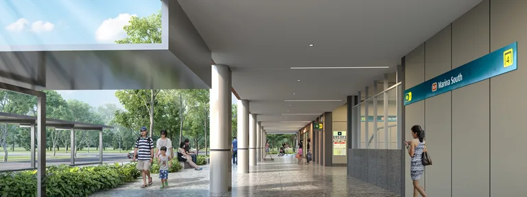 One Marina Gardens, artist&rsquo;s impression: the sheltered walkway along the development to the Marina South MRT station entrance, with families walking under the canopy