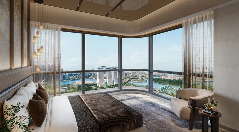 One Marina Gardens, artist&rsquo;s impression: a master bedroom with a curved corner window looking out to Marina Bay Sands and the Gardens by the Bay domes