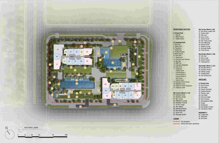 One Marina Gardens site plan (developer drawing): Blocks 3 and 5 on the second-storey landscape deck between Marina Gardens Lane and Marina Boulevard, with the numbered facilities of every level listed in the legend