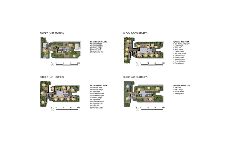 One Marina Gardens storey plans (developer drawing): the sky terraces of Block 5 on the 14th and 34th storeys and the roof-top sky gardens of Block 3 (31st storey) and Block 5 (45th storey), with their numbered facilities