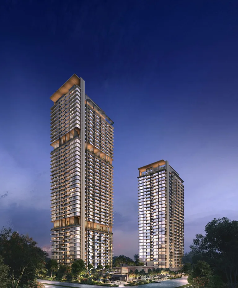 One Marina Gardens, artist&rsquo;s impression: the two towers lit at dusk, the 44-storey tower in front and the 30-storey tower beyond, above the trees of the landscape deck